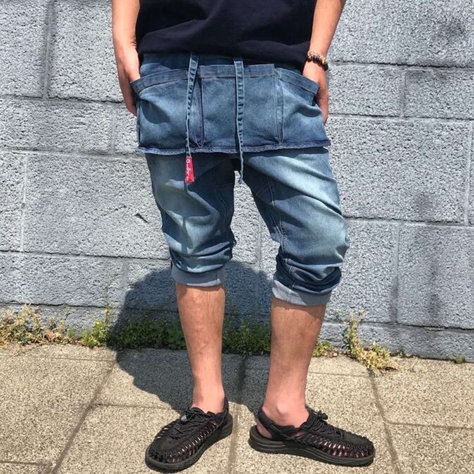 撥水デニム　エプロンパンツ　ネイビー