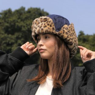 ２ＷＡＹデニム×ヒョウ柄ファー飛行帽（薄中綿入り）（フライトキャップ）